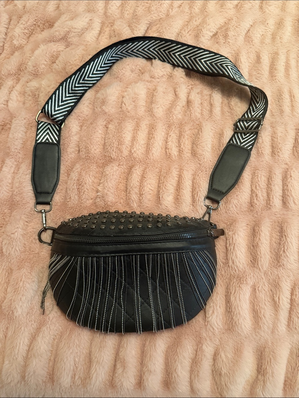Black Studded Fringe Crossbody Bag with Patterned Strap